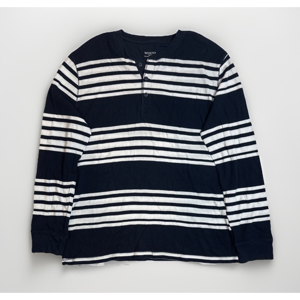 Merona Mens Light Thermal Henley Long Sleeve Blue Stripe Size XL